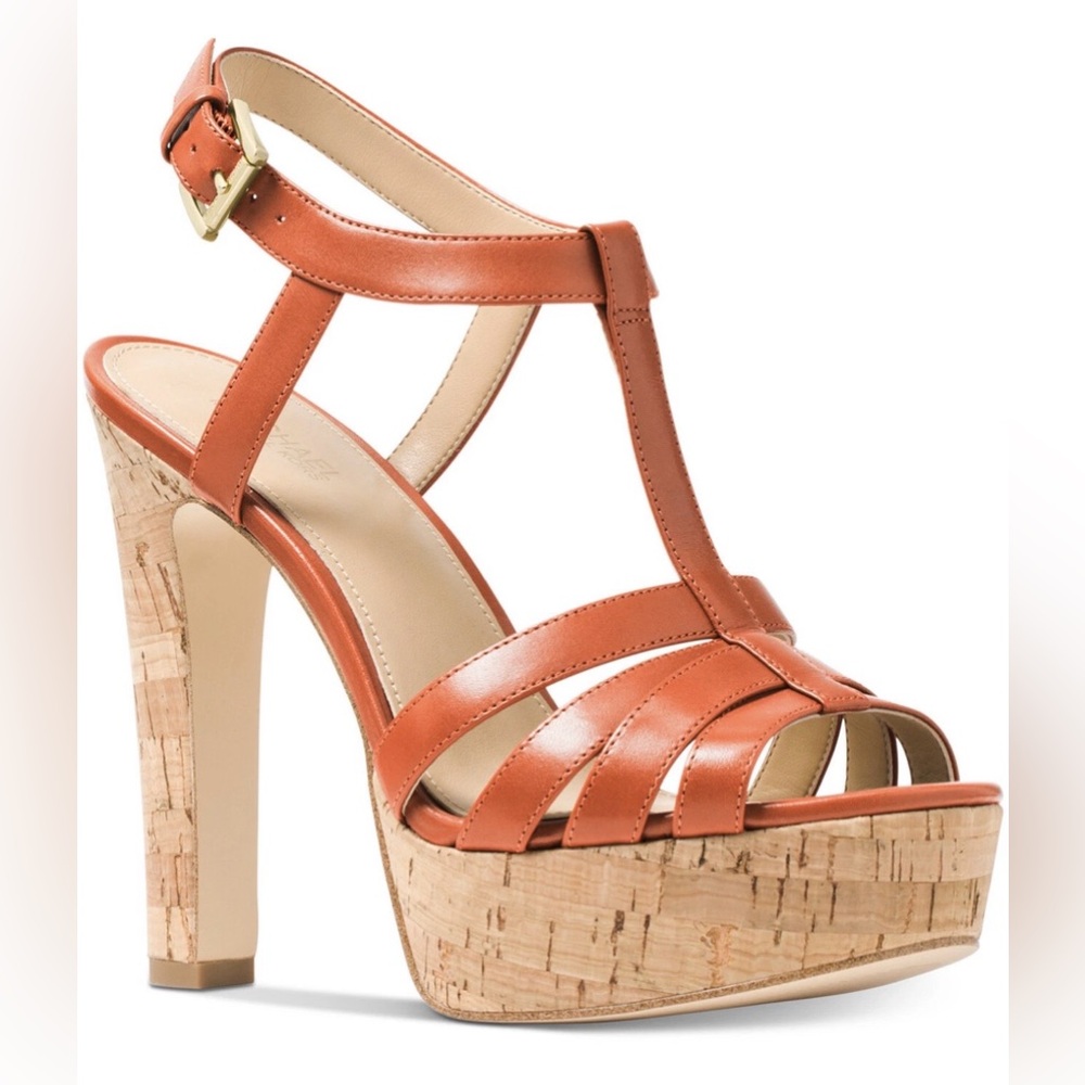 Micheal Kors Catalina‎ high heels pumps strappy t-strap leather orange brown tan
